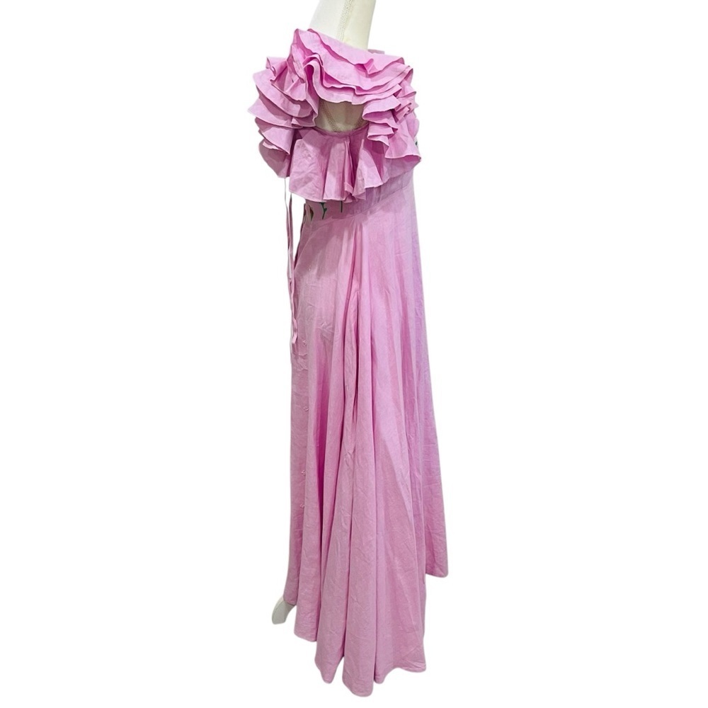 FANM MON Aster Pink Demre Linen Embroidered Maxi Dress Ruffle Sleeve NWT $357 - Picture 10 of 16